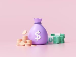 3D Money concept. money bag, coins stack and banknotes. 3d rende